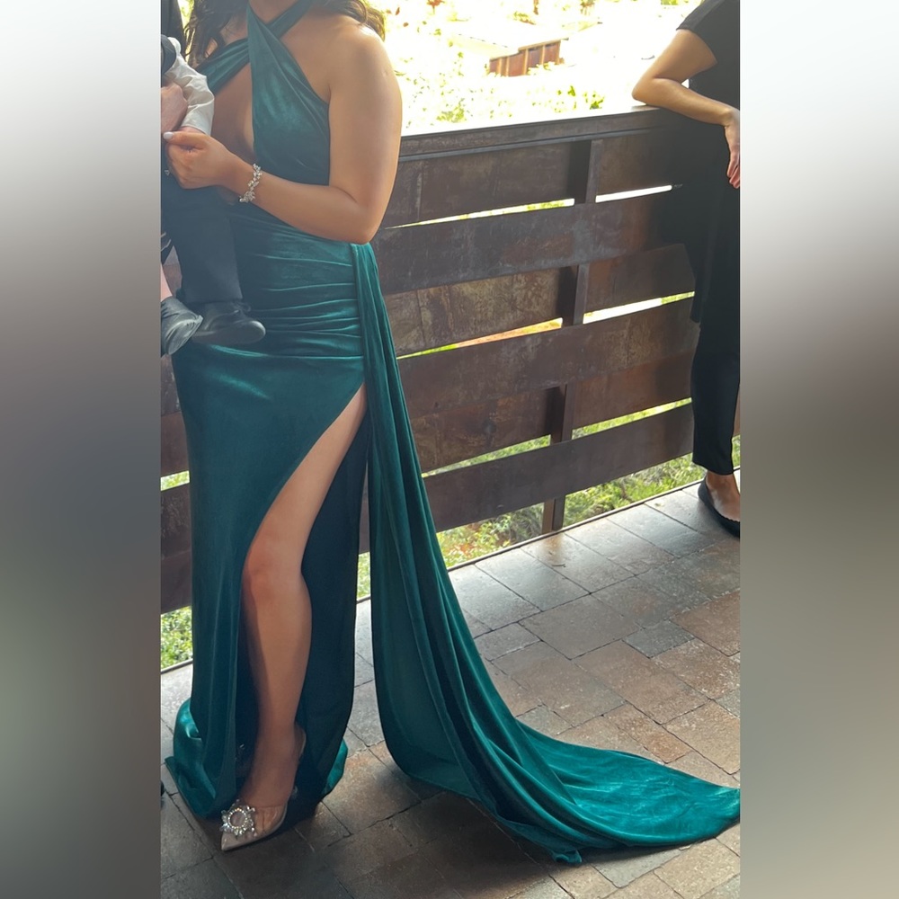 Miss circle Rayna Teal Criss Cross High Slit Velvet Gown with Gloves